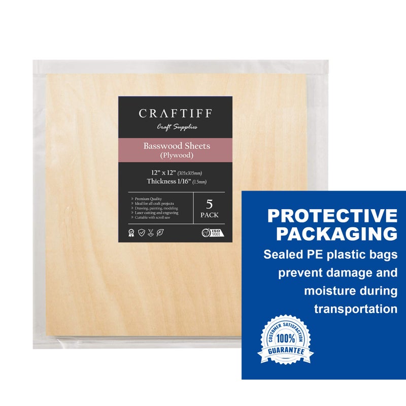 Craftiff Plywood Sheet Board Squares, A Grade, 12 x 12 inch, 1.5mm Thick, Pack of 5 Unfinished Wood for Crafts Basswood by Craftiff - Image 3